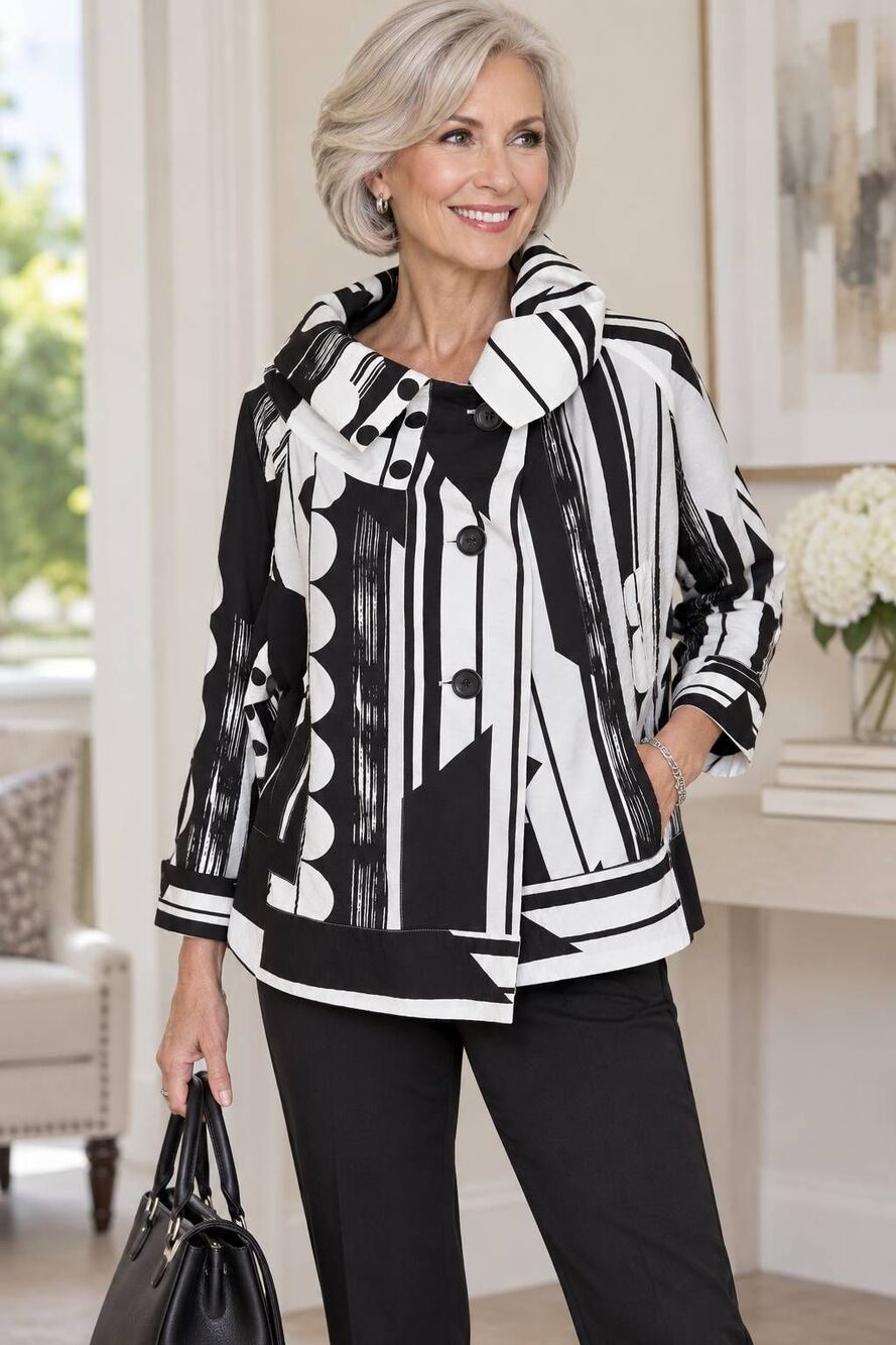 Shana Womens Black White Abstract Geometric Art to Wear Cowl Collar Jacket Small
